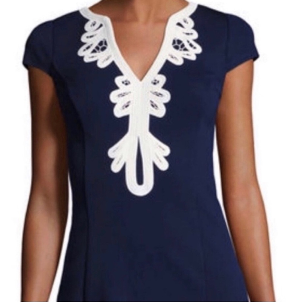 Eliza J navy blue sheath dress with white embroidery. Cap sleeve. Petite 4